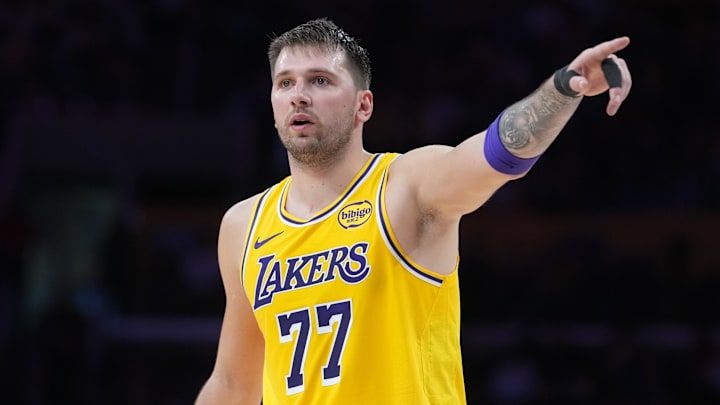 Oct 24, 2025; Los Angeles, California, USA; Los Angeles Lakers guard Luka Doncic (77) gestures in the second half against the Minnesota Timberwolves at Crypto.com Arena. Mandatory Credit: Kirby Lee-Imagn Images Oct 24, 2025; Los Angeles, California, USA; Los Angeles Lakers guard Luka Doncic (77) gestures in the second half against the Minnesota Timberwolves at Crypto.com Arena. Mandatory Credit: Kirby Lee-Imagn Images