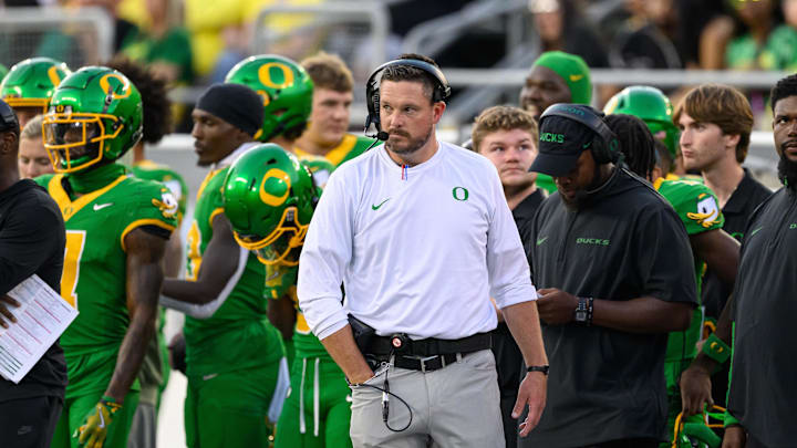 Aug 31, 2024; Eugene, Oregon, USA; Oregon Ducks head coach Dan Lanning on the sidelines during the fourth quarter against the Idaho Vandals at Autzen Stadium. Mandatory Credit: Craig Strobeck-Imagn Images