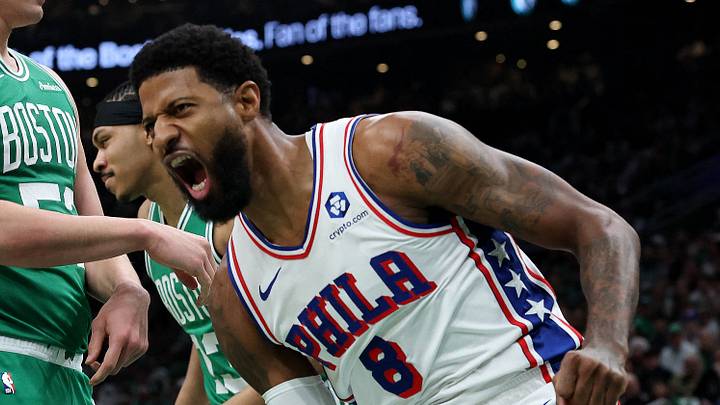May 2, 2026; Boston, Massachusetts, USA; Philadelphia 76ers forward Paul George (8) celebrates after dunking on Boston Celtics center Luka Garza (52) during the first quarter of game seven of the first round of the 2026 NBA Playoffs at TD Garden. Mandatory Credit: Winslow Townson-Imagn Images May 2, 2026; Boston, Massachusetts, USA; Philadelphia 76ers forward Paul George (8) celebrates after dunking on Boston Celtics center Luka Garza (52) during the first quarter of game seven of the first round of the 2026 NBA Playoffs at TD Garden. Mandatory Credit: Winslow Townson-Imagn Images