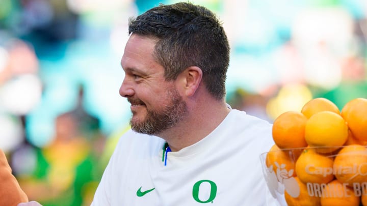 Oregon head coach Dan Lanning as the Oregon Ducks take on the Texas Tech Red Raiders in the Orange Bowl on Jan. 1, 2026, at Hard Rock Stadium in Miami, Florida.
