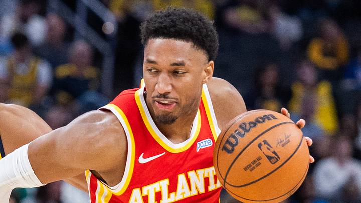 Atlanta Hawks guard Aaron Wiggins (2) dribbles the ball while Indiana Pacers guard Ben Sheppard (26) defends in the second half at Gainbridge Fieldhouse, Oct 10, 2026