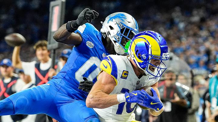 Los Angeles Rams wide receiver Cooper Kupp (10) scores a touchdown against Detroit Lions CB Terrion Arnold (0) Los Angeles Rams wide receiver Cooper Kupp (10) scores a touchdown against Detroit Lions CB Terrion Arnold (0)