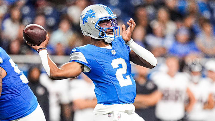 Detroit Lions quarterback Hendon Hooker (2) makes a pass against Houston Texans during the first half at Ford Field in Detroit on Saturday, August 23, 2025. Detroit Lions quarterback Hendon Hooker (2) makes a pass against Houston Texans during the first half at Ford Field in Detroit on Saturday, August 23, 2025.