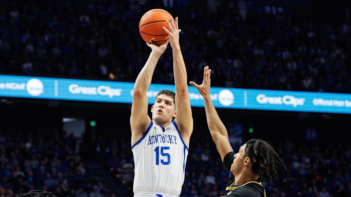 Mar 6, 2024; Lexington, Kentucky, USA; Kentucky Wildcats guard Reed Sheppard (15) shoots the ball during the second half against the Vanderbilt Commodores at Rupp Arena at Central Bank Center. Mandatory Credit: Jordan Prather-USA TODAY Sports