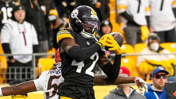 Pittsburgh Steelers cornerback James Pierre (42) intercepted a pass to Cincinnati Bengals wide receiver Tee Higgins (5) in the fourth quarter of the NFL Week 11 game between the Pittsburgh Steelers and the Cincinnati Bengals at Acrisure Stadium in Pittsburgh on Sunday, Nov. 16, 2025. The Bengals lost 34-12. Pittsburgh Steelers cornerback James Pierre (42) intercepted a pass to Cincinnati Bengals wide receiver Tee Higgins (5) in the fourth quarter of the NFL Week 11 game between the Pittsburgh Steelers and the Cincinnati Bengals at Acrisure Stadium in Pittsburgh on Sunday, Nov. 16, 2025. The Bengals lost 34-12.