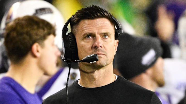 Dec 20, 2025; Eugene, OR, USA; James Madison Dukes head coach Bob Chesney looks on during the second quarter against the Oregon Ducks at Autzen Stadium. Mandatory Credit: Troy Wayrynen-Imagn Images