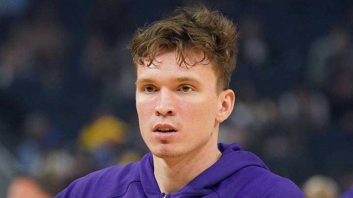 Oct 5, 2025; San Francisco, California, USA;  Los Angeles Lakers forward Dalton Knecht (4) warms up before the game against the Golden State Warriors at Chase Center. Mandatory Credit: David Gonzales-Imagn Images