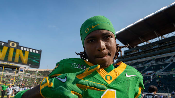 Oregon wide receiver Dakorien Moore celebrates the Ducks’ win as the Oregon Ducks host the Oklahoma State Cowboys on Sept. 6, 2025, at Autzen Stadium in Eugene, Oregon.