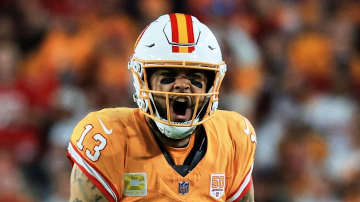 Tampa Bay Buccaneers wide receiver Mike Evans (13) reacts after catching a pass against Atlanta Falcons safety Jessie Bates III (3) (obscured) during the third quarter at Raymond James Stadium. 