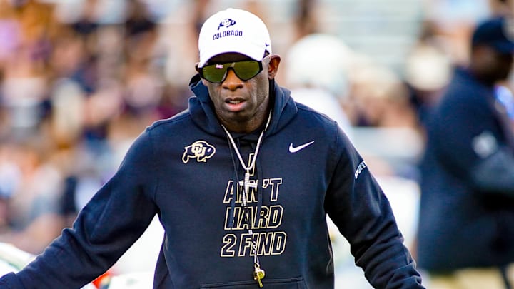Oct 4, 2025; Fort Worth, Texas, USA; Colorado Buffaloes head coach Deion Sanders on the field during warm ups prior to a game against the TCU Horned Frogs at Amon G. Carter Stadium. Mandatory Credit: Raymond Carlin III-Imagn Images