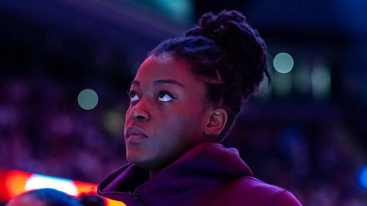 Toronto, Ontario, CAN; Toronto Tempo center Temi Fagbenle (14) stands for the national anthem before playing the Minnesota Lynx at Scotiabank Arena on July 30, 2026.