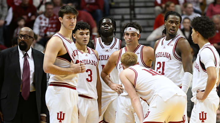 Indiana huddles during a timeout against Illinois at Simon Skjodt Assembly Hall.