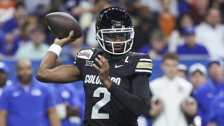 Dec 28, 2024; San Antonio, TX, USA; Colorado Buffaloes quarterback Shedeur Sanders (2) attempts a pass during the first quarter against the Brigham Young Cougars at Alamodome. Mandatory Credit: Troy Taormina-Imagn Images Dec 28, 2024; San Antonio, TX, USA; Colorado Buffaloes quarterback Shedeur Sanders (2) attempts a pass during the first quarter against the Brigham Young Cougars at Alamodome. Mandatory Credit: Troy Taormina-Imagn Images