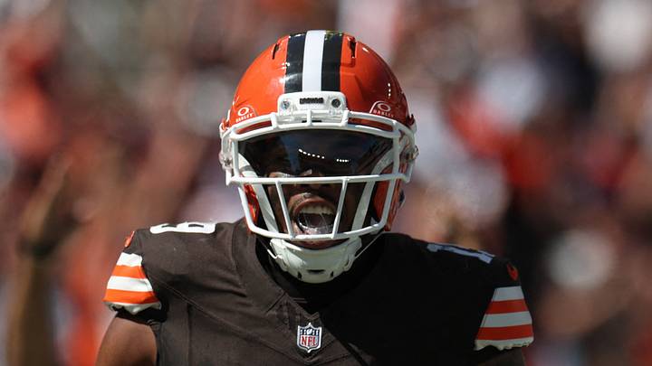 Sep 7, 2025; Cleveland, Ohio, USA; Cleveland Browns wide receiver Cedric Tillman (19) celebrates after a touchdown during the second half against the Cincinnati Bengals at Huntington Bank Field. Mandatory Credit: Scott Galvin-Imagn Images