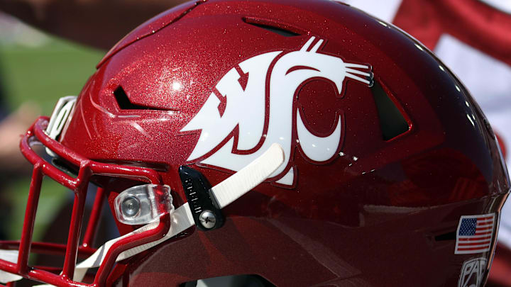 Oct 11, 2025; Oxford, Mississippi, USA; Washington State Cougars helmet sits on the sideline during the second quarter against the Mississippi Rebels at Vaught-Hemingway Stadium. 