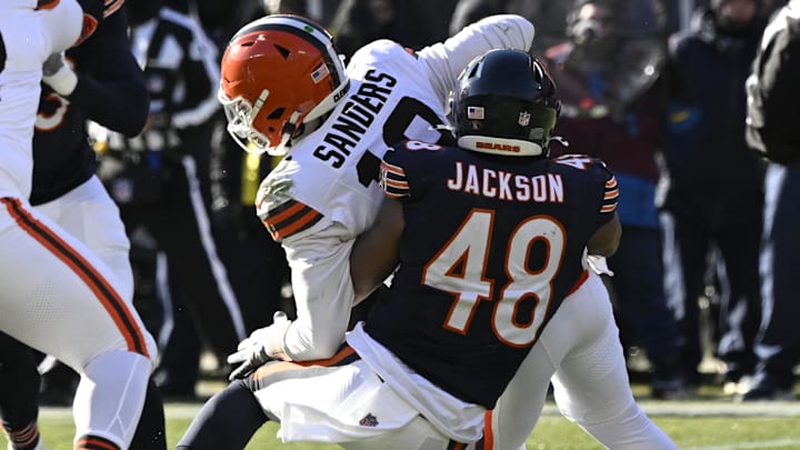 D'Marco Jackson hauls down Shedeur Sanders for a sack in Sunday's 31-3 Bears win over Cleveland. D'Marco Jackson hauls down Shedeur Sanders for a sack in Sunday's 31-3 Bears win over Cleveland.