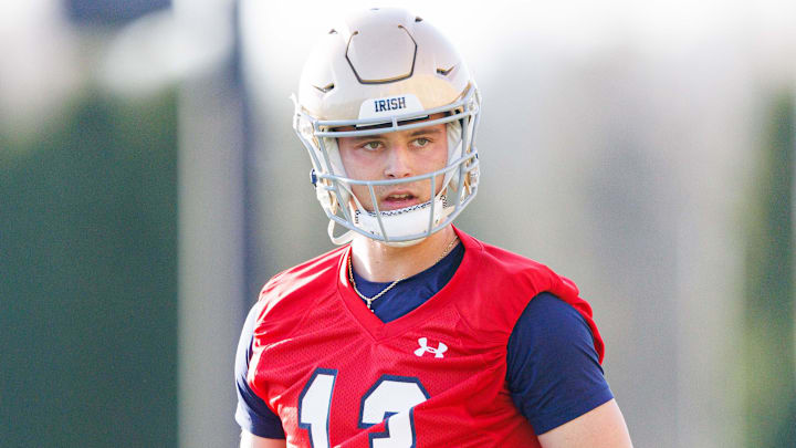 Notre Dame quarterback CJ Carr during a Notre Dame football spring practice at Irish Athletic Center on Wednesday, March 19, 2025, in South Bend.