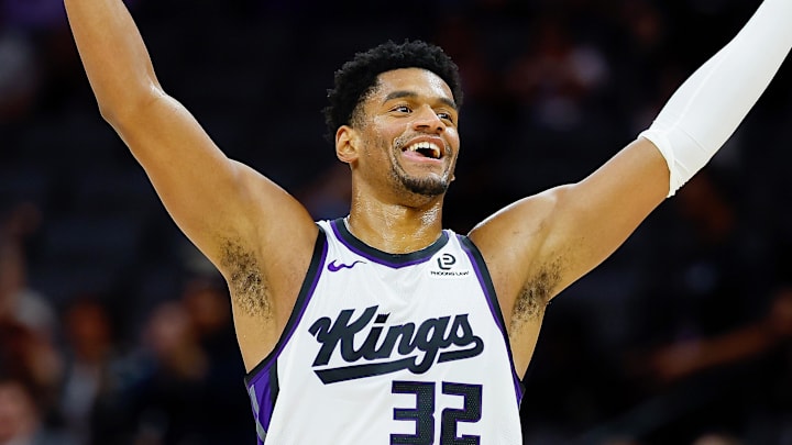 Oct 8, 2025; Sacramento, California, USA; Sacramento Kings center Dylan Cardwell (32) reacts after a play during the fourth quarter against the Toronto Raptors at Golden 1 Center. Mandatory Credit: Sergio Estrada-Imagn Images