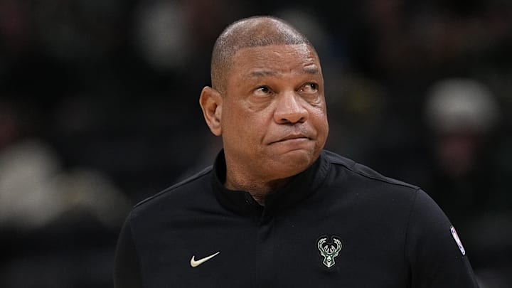 Milwaukee Bucks head coach Doc Rivers looks on during the first quarter against the New Orleans Pelicans at Fiserv Forum on February 4, 2026.
