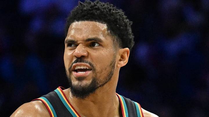 Detroit Pistons forward Tobias Harris (12) reacts after a basket  against the Philadelphia 76ers during the second half at Xfinity Mobile Arena on Apr 4, 2026.