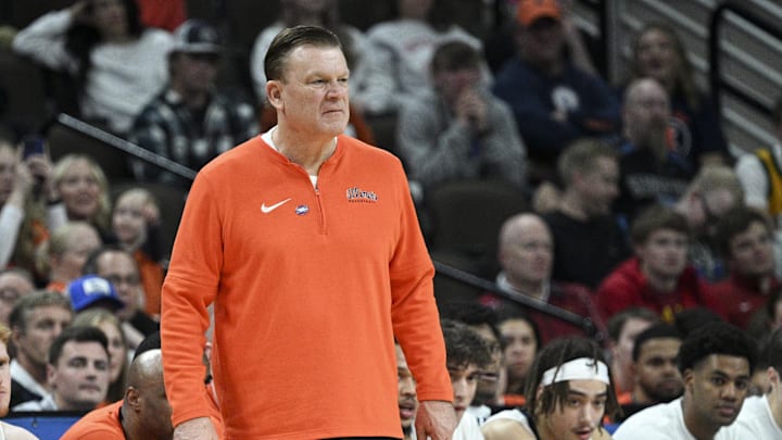 Mar 23, 2024; Omaha, NE, USA; Illinois Fighting Illini head coach Brad Underwood looks on during the second half against Duquesne Dukes in the second round of the 2024 NCAA Tournament at CHI Health Center Omaha. Mandatory Credit: Steven Branscombe-USA TODAY Sports