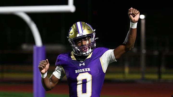 Booker's defensive back/wide receiver Chauncey Kennon (#0) celebrates a touchdown. The Booker Tornadoes hosted the Lely Trojans (Naples, FL) Friday night, Aug. 23, 2024, who lost to Booker 46-0 during the first regular non-conference season game of the year.