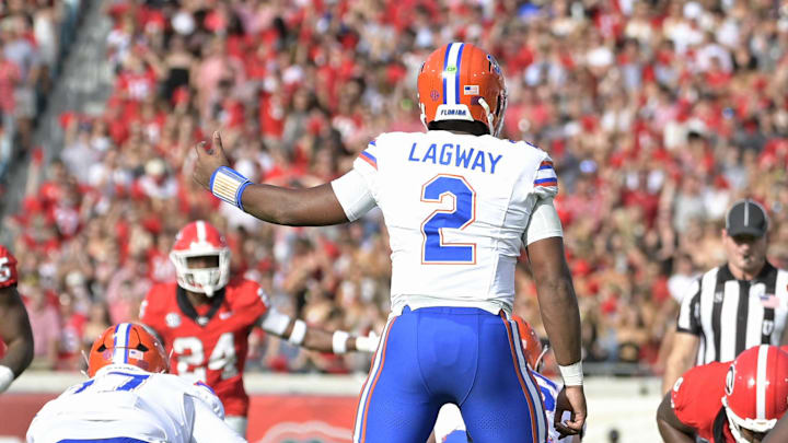 Nov 2, 2024; Jacksonville, Florida, USA; Florida Gators quarterback DJ Lagway (2) takes the snap against the Georgia Bulldogs during the first half at EverBank Stadium. Mandatory Credit: Melina Myers-Imagn Images Nov 2, 2024; Jacksonville, Florida, USA; Florida Gators quarterback DJ Lagway (2) takes the snap against the Georgia Bulldogs during the first half at EverBank Stadium. Mandatory Credit: Melina Myers-Imagn Images