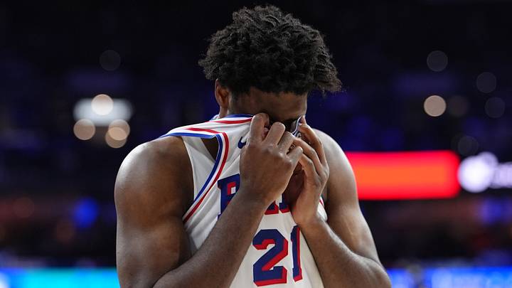 May 10, 2026; Philadelphia, Pennsylvania, USA; Philadelphia 76ers center Joel Embiid (21) reacts against the New York Knicks in the third quarter during game four of the second round of the 2026 NBA Playoffs at Xfinity Mobile Arena. Mandatory Credit: Kyle Ross-Imagn Images