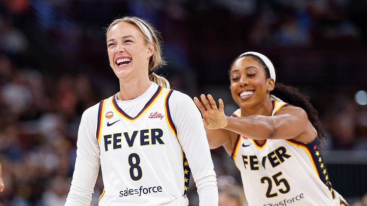 Indiana Fever guard Sophie Cunningham (8) reacts during a game.