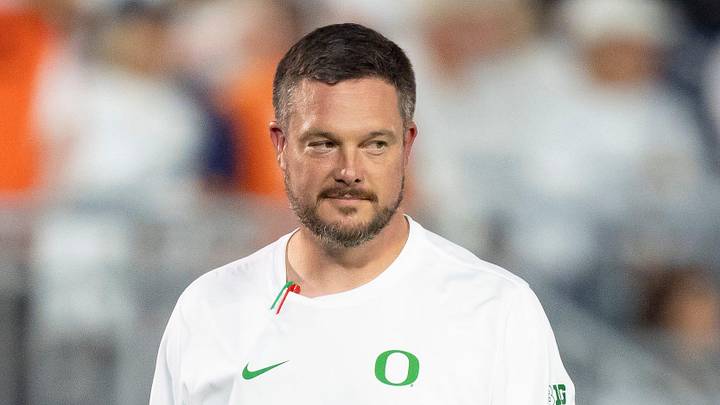 Oregon head coach Dan Lanning walks the field during warmups as the Oregon Ducks face the Penn State Nittany Lions on Sept. 27, 2025, at Beaver Stadium in University Park, Pennsylvania.