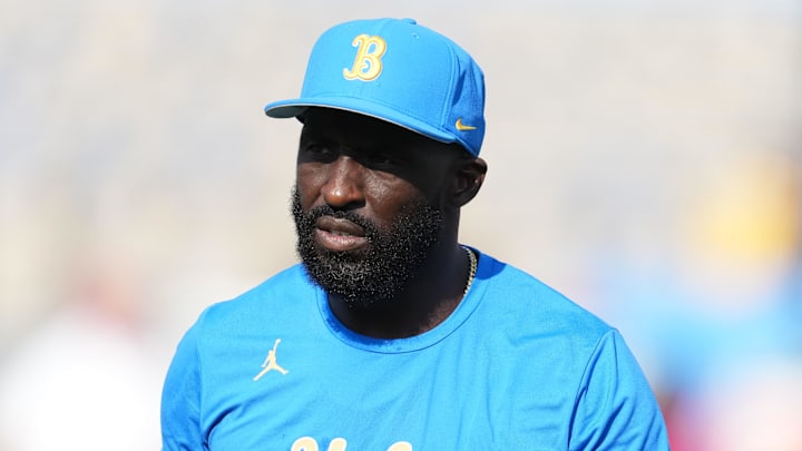 Sep 14, 2024; Pasadena, California, USA; UCLA Bruins head coach DeShaun Foster reacts in the first half against the Indiana Hoosiers at Rose Bowl. Mandatory Credit: Kirby Lee-Imagn Images