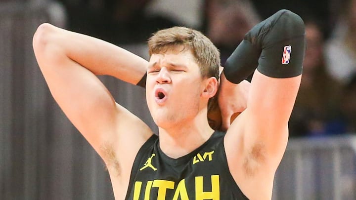 Feb 27, 2024; Atlanta, Georgia, USA; Utah Jazz center Walker Kessler (24) reacts to a foul call against the Atlanta Hawks in the second half at State Farm Arena. Mandatory Credit: Brett Davis-Imagn Images Feb 27, 2024; Atlanta, Georgia, USA; Utah Jazz center Walker Kessler (24) reacts to a foul call against the Atlanta Hawks in the second half at State Farm Arena. Mandatory Credit: Brett Davis-Imagn Images