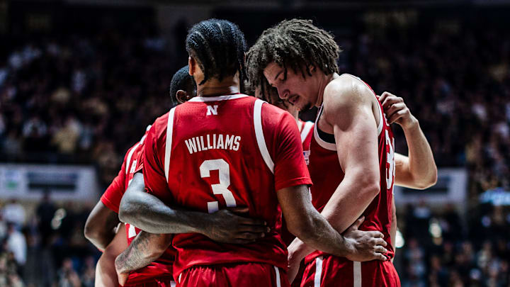 Nebraska basketball players, including Brice Williams and Braxton Meah, huddle at Purdue on Jan. 12, 2025.