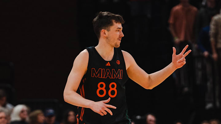 Feb 21, 2026; Charlottesville, Virginia, USA; Miami (FL) Hurricanes forward Timo Malovec (88) celebrates during the second half against the Virginia Cavaliers at John Paul Jones Arena. Mandatory Credit: Emily Faith Morgan-Imagn Images Feb 21, 2026; Charlottesville, Virginia, USA; Miami (FL) Hurricanes forward Timo Malovec (88) celebrates during the second half against the Virginia Cavaliers at John Paul Jones Arena. Mandatory Credit: Emily Faith Morgan-Imagn Images
