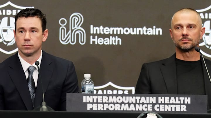 Feb 10, 2026; Henderson, NV, USA;  Las Vegas Raiders coach Klint Kubiak (left) and general manager John Spytek at introductory press conference at Intermountain Health Performance Center. Mandatory Credit: Kirby Lee-Imagn Images