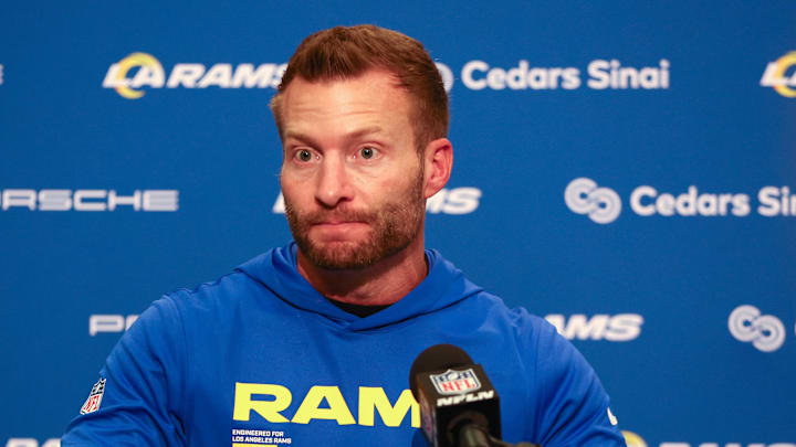 Dec 18, 2025; Seattle, Washington, USA;  Los Angeles Rams head coach Sean McVay speaks in a press conference after a game against the Seattle Seahawks at Lumen Field. Mandatory Credit: Kevin Ng-Imagn Images