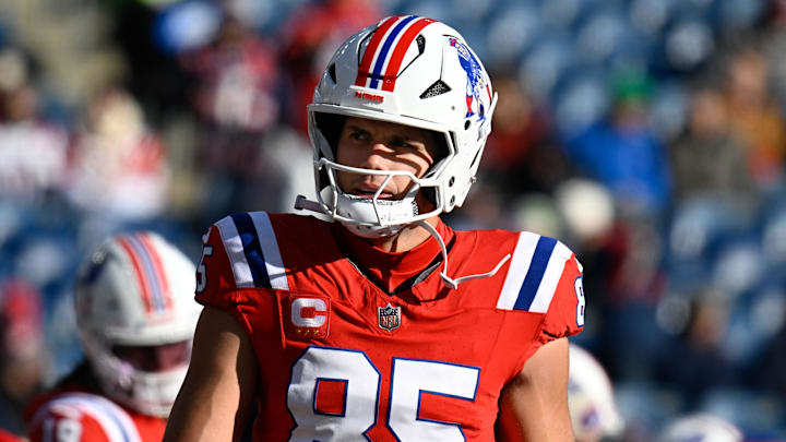Dec 1, 2024; Foxborough, Massachusetts, USA; New England Patriots tight end Hunter Henry (85) warms up before a game against the Indianapolis Colts at Gillette Stadium. Mandatory Credit: Eric Canha-Imagn Images