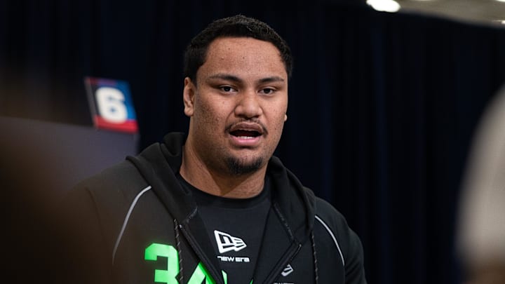 Feb 28, 2026; Indianapolis, IN, USA; Miami offensive lineman Francis Mauigoa (OL34) speaks to members of the media during the NFL Combine at the Indiana Convention Center. Mandatory Credit: Jacob Musselman-Imagn Images