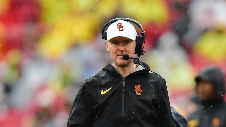 Nov 15, 2025; Los Angeles, California, USA; Southern California Trojans head coach Lincoln Riley watches game action against the Iowa Hawkeyes during the first half at the Los Angeles Memorial Coliseum. 
