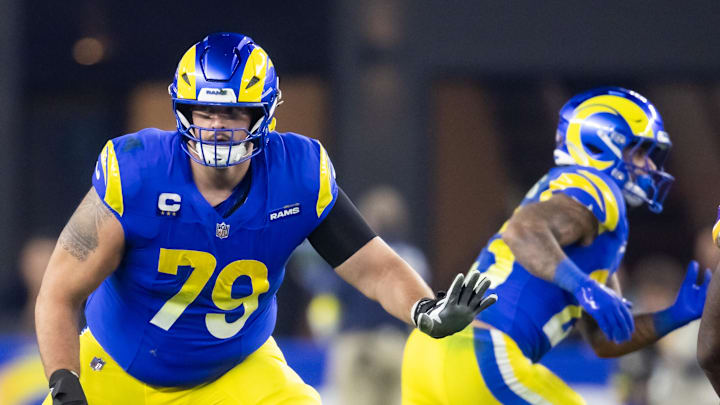 Jan 13, 2025; Glendale, AZ, USA; Los Angeles Rams offensive tackle Rob Havenstein (79) against the Minnesota Vikings during an NFC wild card game at State Farm Stadium. Mandatory Credit: Mark J. Rebilas-Imagn Images