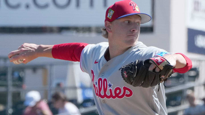 Feb 24, 2026; Jupiter, Florida, USA;  Philadelphia Phillies pitcher Seth Johnson (51) pitches in the first inning against the Miami Marlins at Roger Dean Chevrolet Stadium.
