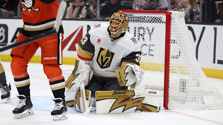 Feb 1, 2026; Anaheim, California, USA; Vegas Golden Knights goaltender Adin Hill (33) allows a goal to Anaheim Ducks left wing Cutter Gauthier (61) during the second period at Honda Center. Mandatory Credit: Kiyoshi Mio-Imagn Images Feb 1, 2026; Anaheim, California, USA; Vegas Golden Knights goaltender Adin Hill (33) allows a goal to Anaheim Ducks left wing Cutter Gauthier (61) during the second period at Honda Center. Mandatory Credit: Kiyoshi Mio-Imagn Images