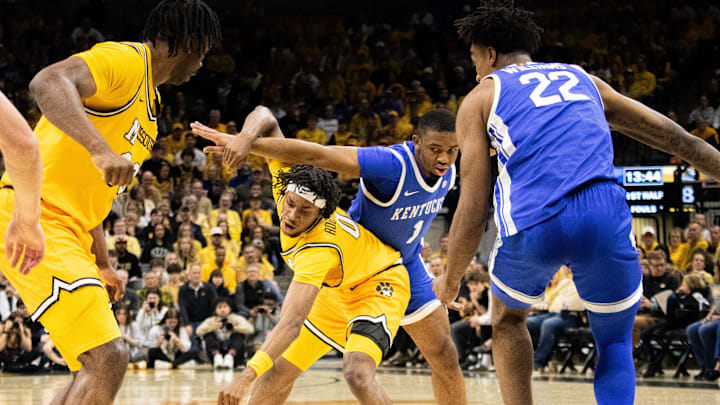 Mar 8, 2025; Columbia, Missouri, USA; Missouri Tigers guard Anthony Robinson II (2) loses control of the ball during a game against the Kentucky Wildcats at Mizzou Arena.