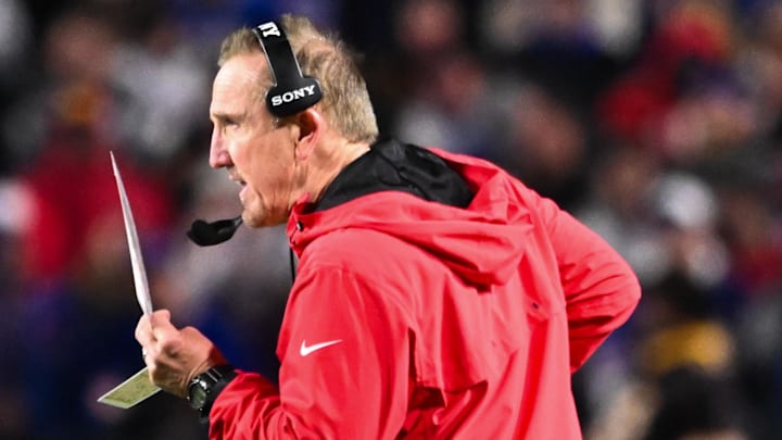 Nov 2, 2025; Orchard Park, New York, USA; Kansas City Chiefs defensive coordinator Steve Spagnuolo reacts from the sideline during the second half against the Buffalo Bills at Highmark Stadium. Mandatory Credit: Mark Konezny-Imagn Images