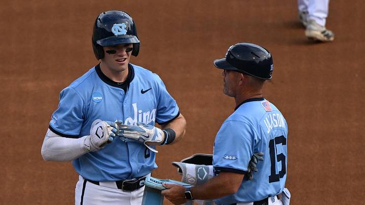 May 30, 2026; Chapel Hill, NC, USA; North Carolina Tar Heels infielder Owen Hull (8) stands on first base during game 4 of the Chapel Hill Regional at Boshamer Stadium. Mandatory Credit: William Howard-Imagn Images