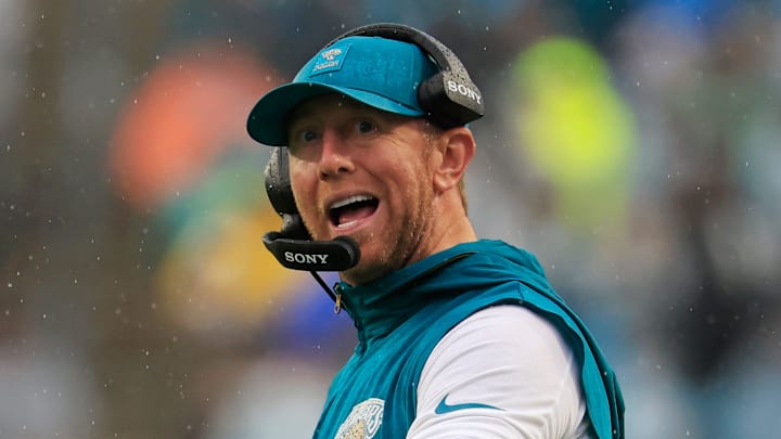Jacksonville Jaguars head coach Liam Coen challenges the spot of the down during the fourth quarter of an NFL football game at EverBank Stadium, Sunday, Dec. 7, 2025, in Jacksonville, Fla. The Jaguars defeated the Colts 36-19. [Corey Perrine/Florida Times-Union]