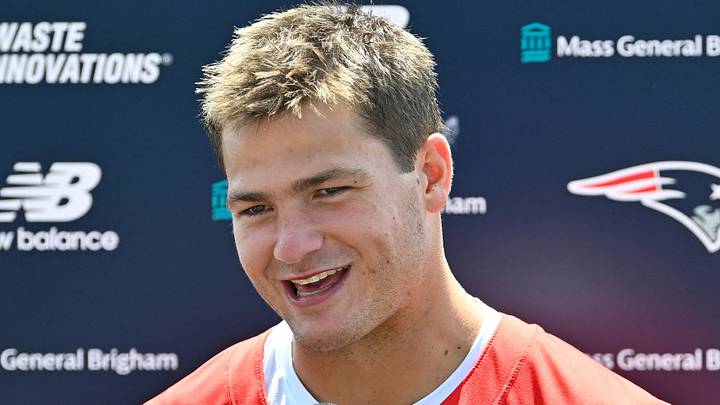 Jul 25, 2026; Foxborough, MA, USA; New England Patriots quarterback Drake Maye (10) answers questions from the media after training camp at Gillette Stadium. Mandatory Credit: Eric Canha-Imagn Images Jul 25, 2026; Foxborough, MA, USA; New England Patriots quarterback Drake Maye (10) answers questions from the media after training camp at Gillette Stadium. Mandatory Credit: Eric Canha-Imagn Images