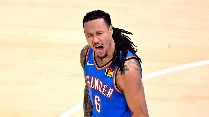 May 30, 2026; Oklahoma City, Oklahoma, USA; Oklahoma City Thunder forward Jaylin Williams (6) reacts in the third quarter against the San Antonio Spurs during game seven of the western conference finals for the 2026 NBA playoffs at Paycom Center. Mandatory Credit: Jerome Miron-Imagn Images