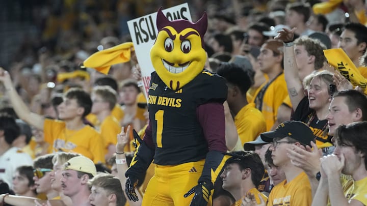ASU Sun Devils mascot Sparky stands in the crowd as they play against the Houston Cougars at Mountain America Stadium in Tempe on Oct. 25, 2025.