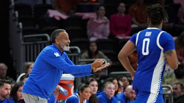 Feb 9, 2026; Austin, Texas, USA; Kentucky Wildcats head coach Kenny Brooks reacts to a team foul during the second half against the Texas Longhorns at Moody Center. Mandatory Credit: Dustin Safranek-Imagn Images